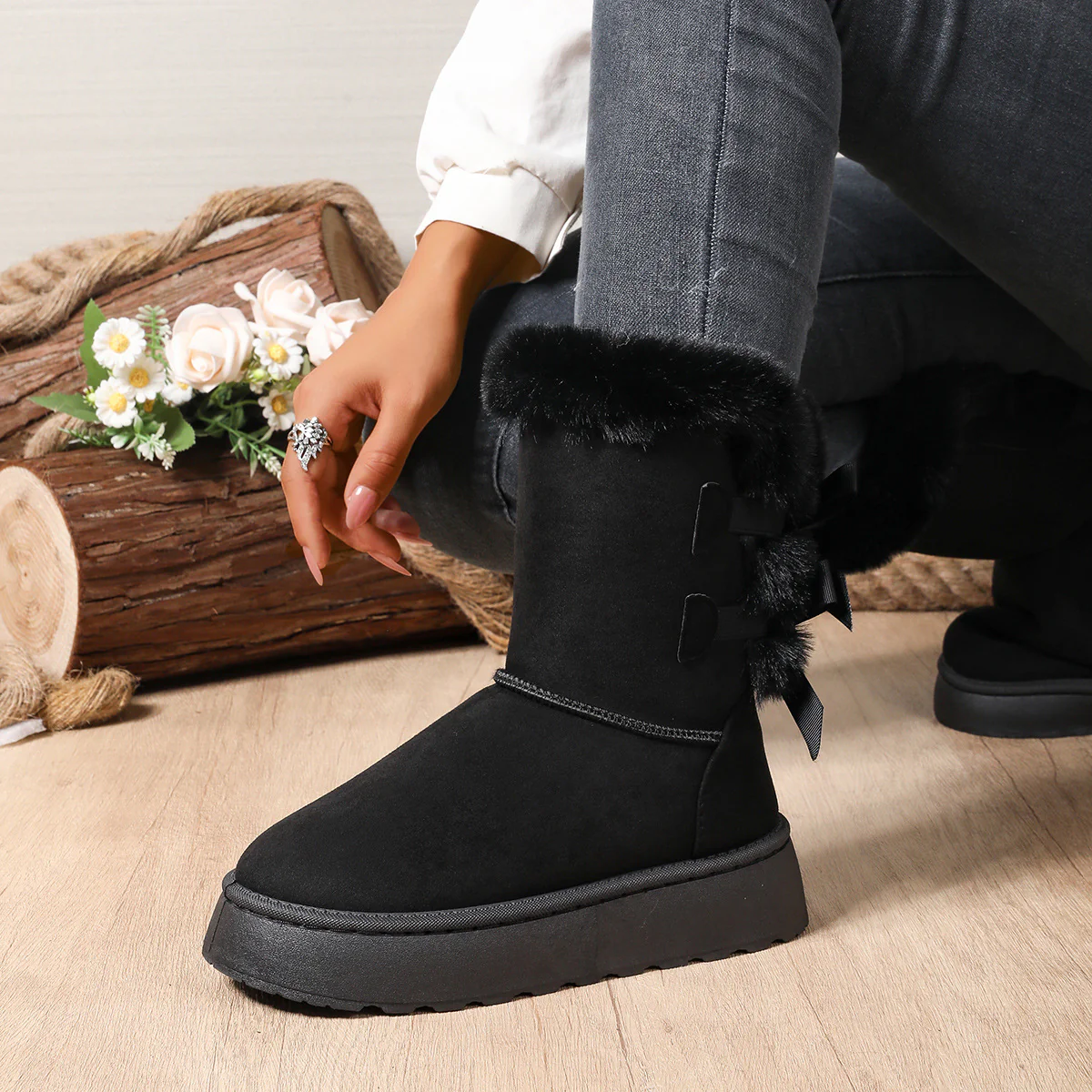 Women¡¯s CozyBow Short Snow Boots ¨C Fleece-Lined Warmth & Anti-Slip Platform