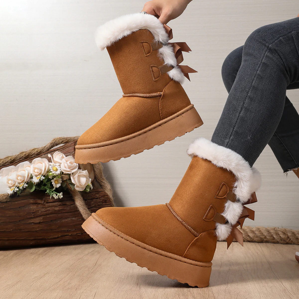 Women¡¯s CozyBow Short Snow Boots ¨C Fleece-Lined Warmth & Anti-Slip Platform