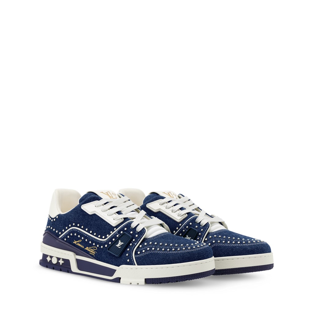 Louis Vuitton LV Trainer Indigo Blue Denim Sneakers with Swarovski? Pearls
