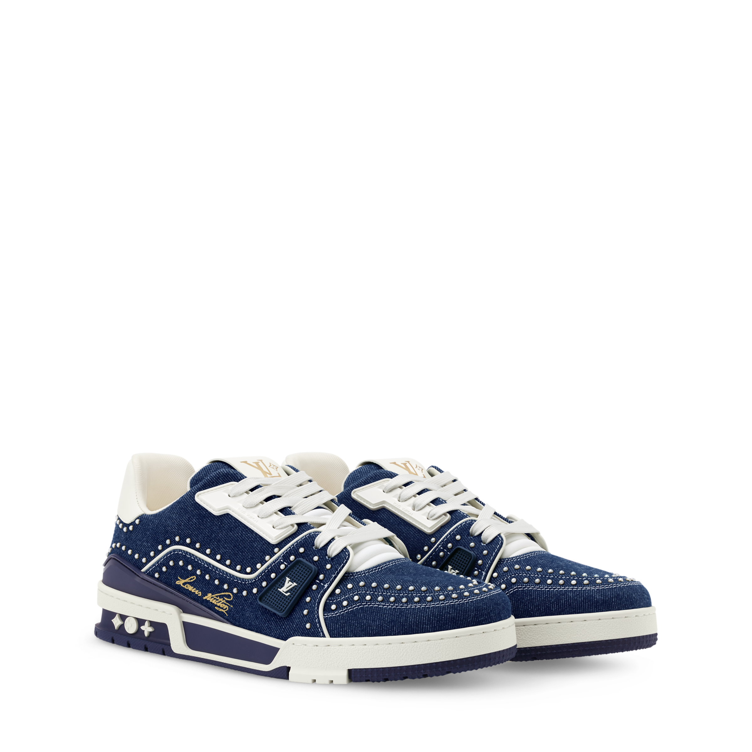 Louis Vuitton LV Trainer Indigo Blue Denim Sneakers with Swarovski? Pearls