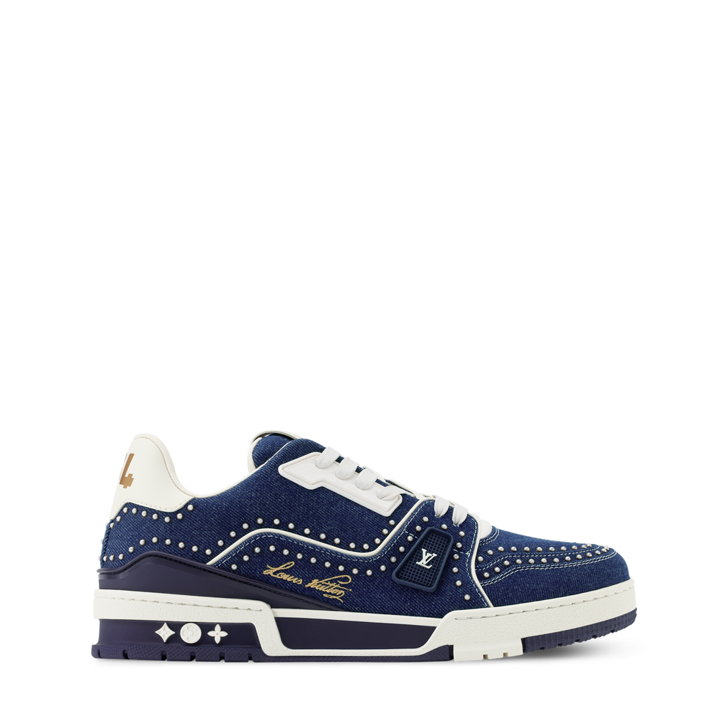 Louis Vuitton LV Trainer Indigo Blue Denim Sneakers with Swarovski? Pearls