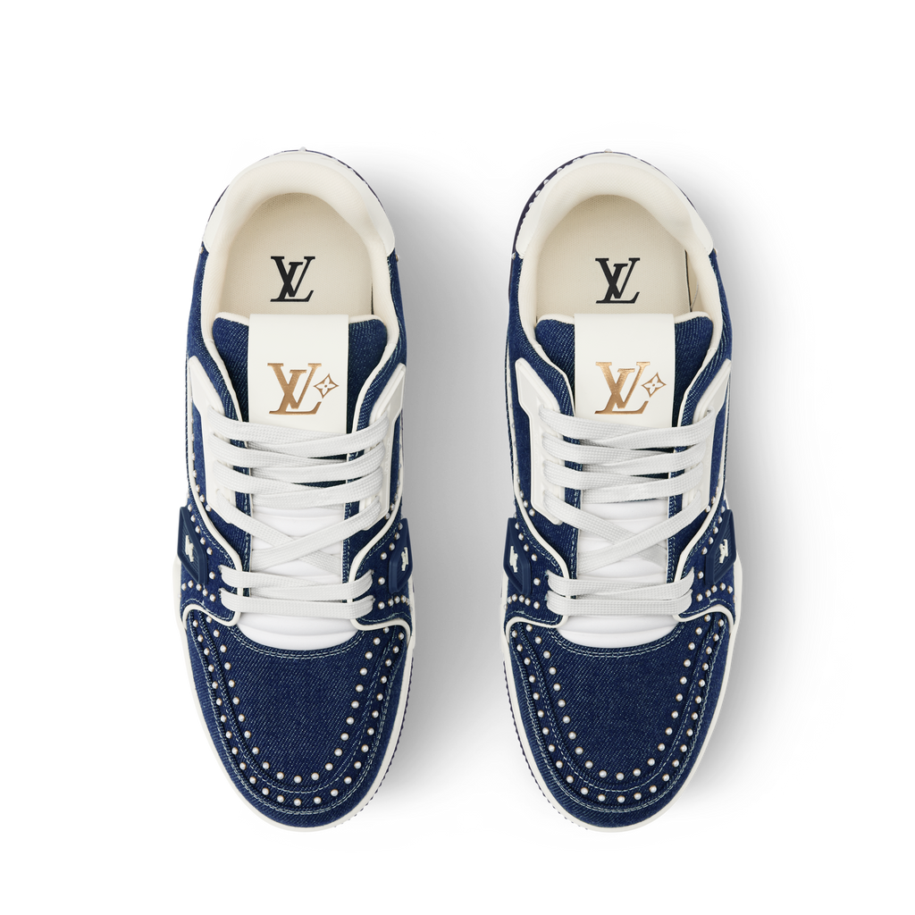Louis Vuitton LV Trainer Indigo Blue Denim Sneakers with Swarovski? Pearls