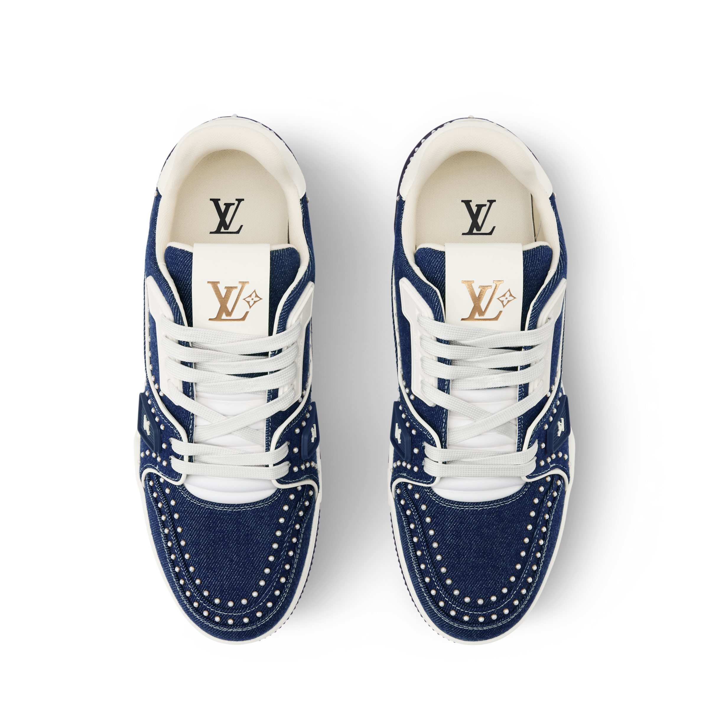 Louis Vuitton LV Trainer Indigo Blue Denim Sneakers with Swarovski? Pearls