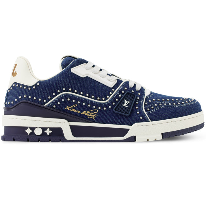 Louis Vuitton LV Trainer Indigo Blue Denim Sneakers with Swarovski? Pearls