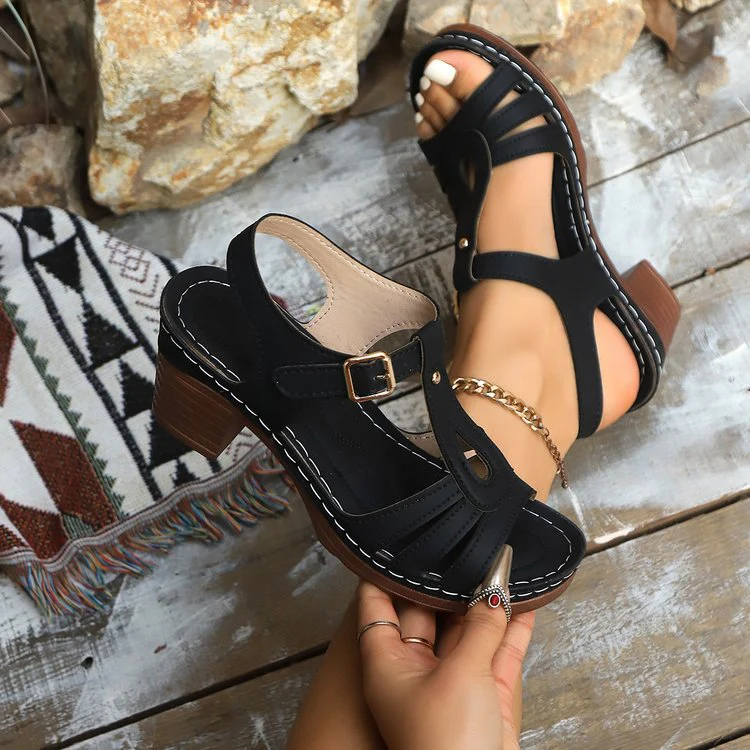 Women¡¯s GraceStep Block Heel Sandals ¨C Peep-Toe Buckle Summer Shoes