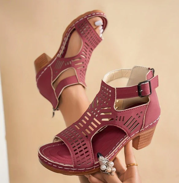 Women¡¯s Cove Buckle Peep-Toe Heels ¨C Cutout Chunky High Heel Sandals