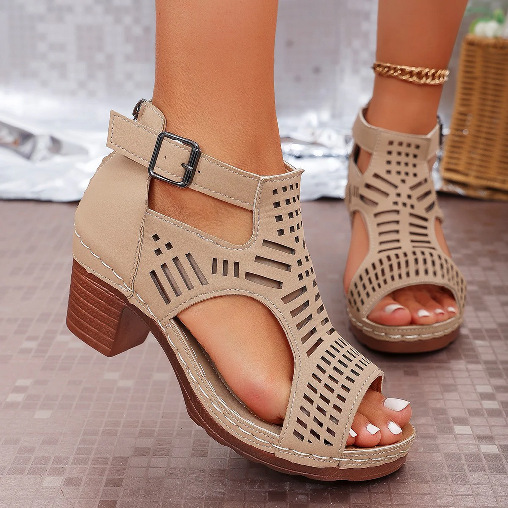 Women¡¯s Cove Buckle Peep-Toe Heels ¨C Cutout Chunky High Heel Sandals