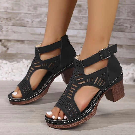 Women¡¯s Cove Buckle Peep-Toe Heels ¨C Cutout Chunky High Heel Sandals
