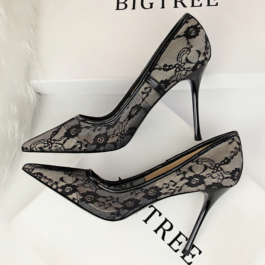 Women¡¯s Valeria Lace Mesh Stiletto Pumps ¨C Pointed-Toe Hollow Elegant Heels