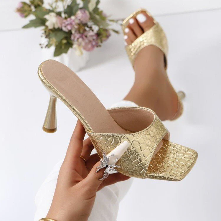 Women¡¯s Pebble Peep-Toe Stiletto Slide Sandals ¨C Pebble-Textured High Heel Fashion Mules