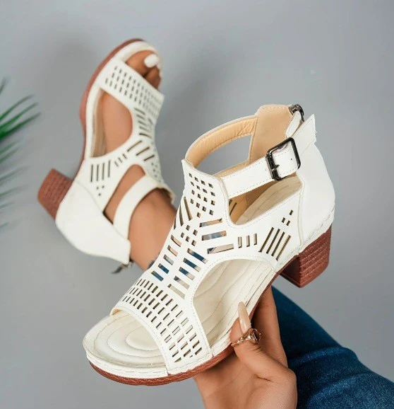 Women¡¯s Cove Buckle Peep-Toe Heels ¨C Cutout Chunky High Heel Sandals