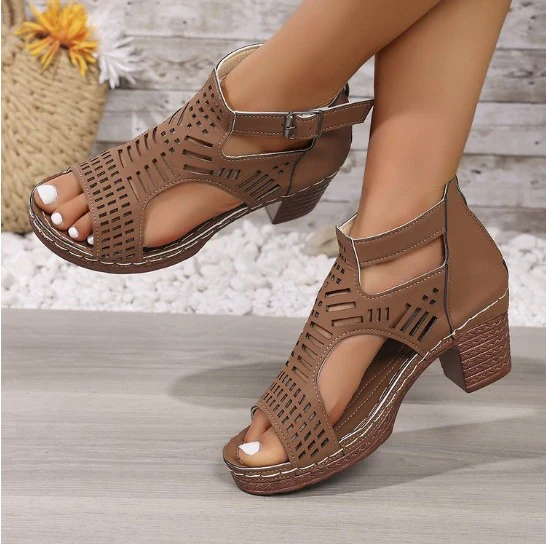 Women¡¯s Cove Buckle Peep-Toe Heels ¨C Cutout Chunky High Heel Sandals